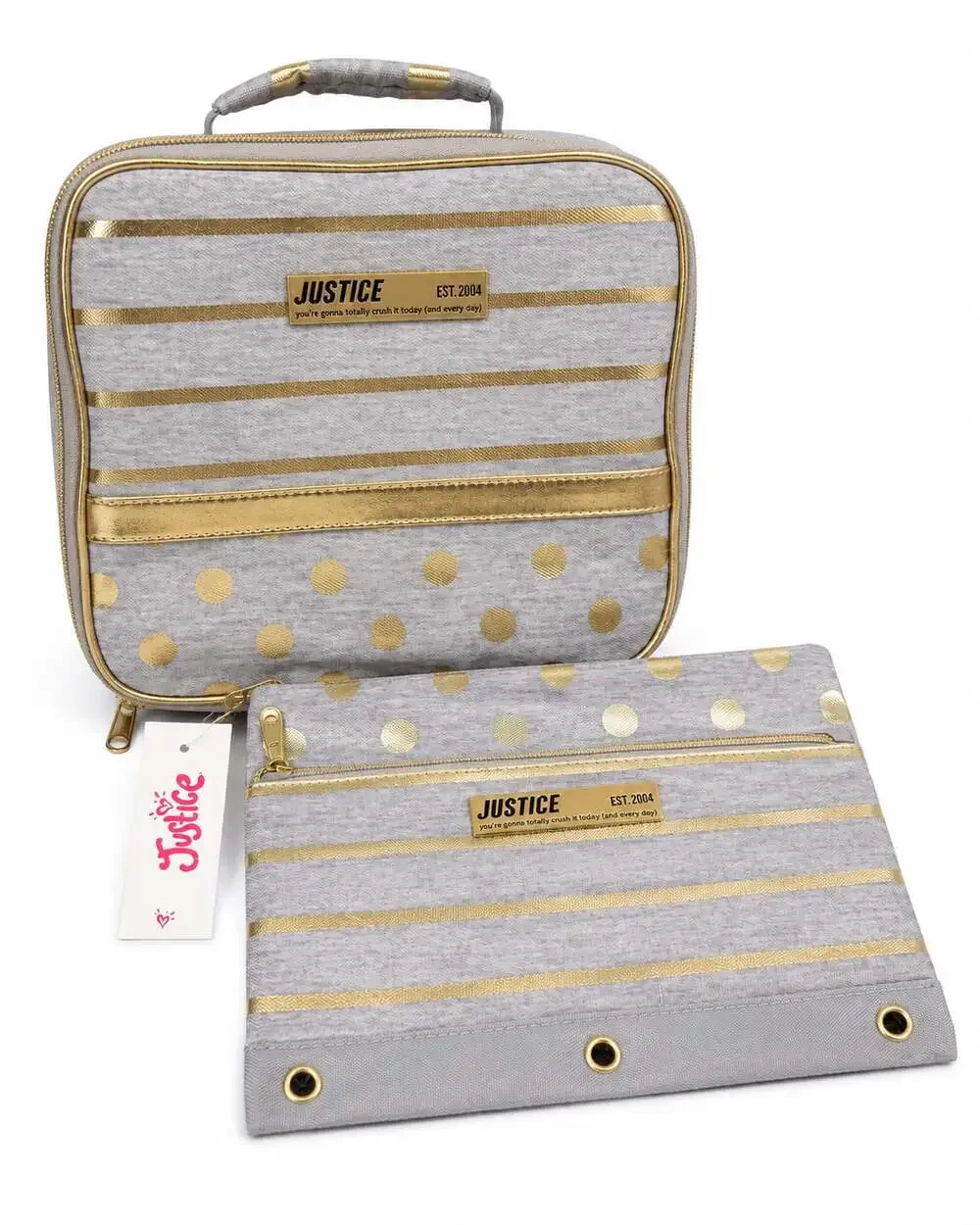 Justice Girls Grey and Gold Foil Stripe and Polka Dot Lunch Box and Pencil Case